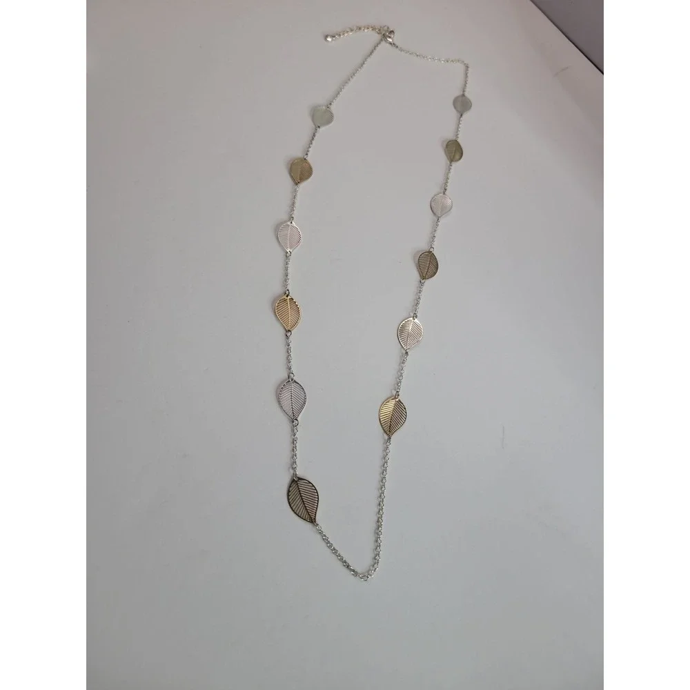Long Mixed Metal Leaf Station Necklace Gold Silver Tone Openwork‎ Leaves